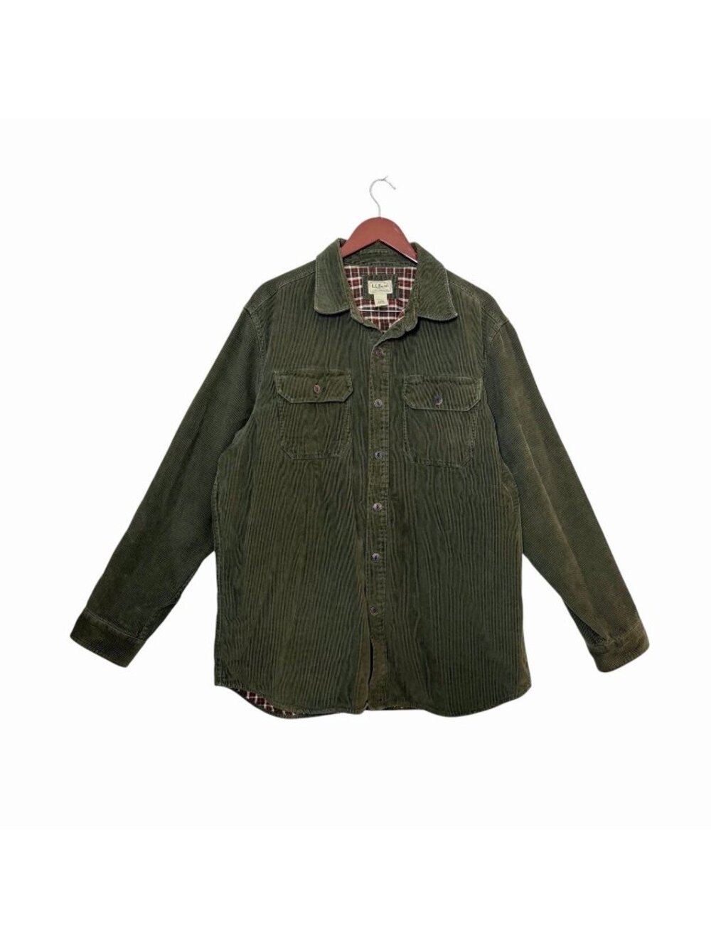 LL Bean Men's Green Corduroy Plaid Lined Button Up Shirt Size Large Regular